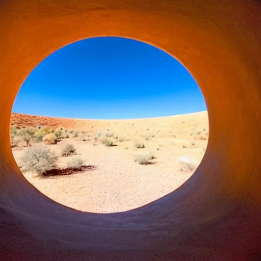 Prompt: a photo taken from inside a massive circular Non-Euclidean clay building sitting in the desert, vintage photo, beautiful cinematography, blue sky, film grain, symmetrical, James Turrell