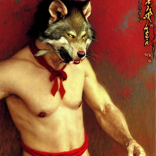 Image similar to a male ninja ratwolfman rat wolf man in a red kimono furry arms furry body walking stick. furaffinity furry art detailed face painting by gaston bussiere craig mullins jc leyendecker gustav klimt artgerm greg rutkowski furry