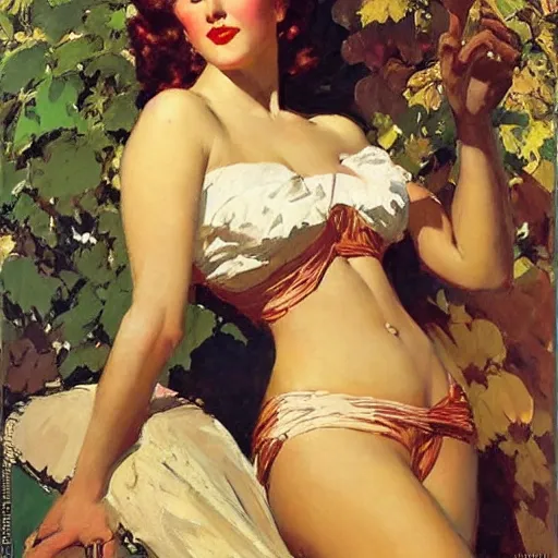 Image similar to portrait of a beautiful woman, intricate, elegant, highly detailed, by gil elvgren, greg manchess, mucha