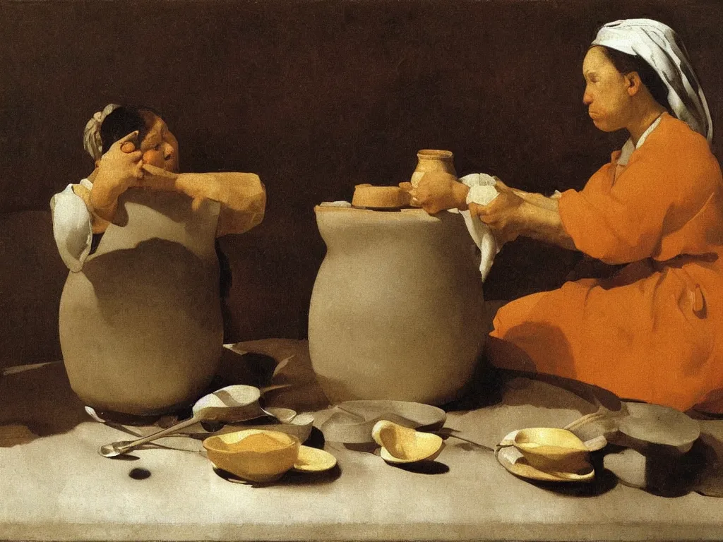 Image similar to Woman eating soup on the ground. Still life with white water jug. Painting by Zurbaran.