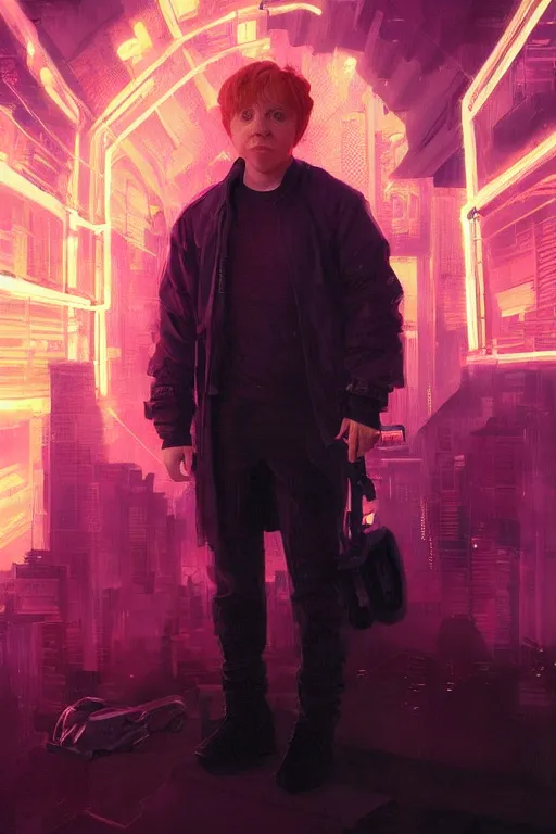 Image similar to portrait of Rupert Grint as Ron Wisly in cyberpunk, neon lighting, night city, digital art from artstation by Ruan Jia and Mandy Jurgens and Artgerm and william-adolphe bouguereau and Greg Rutkowski