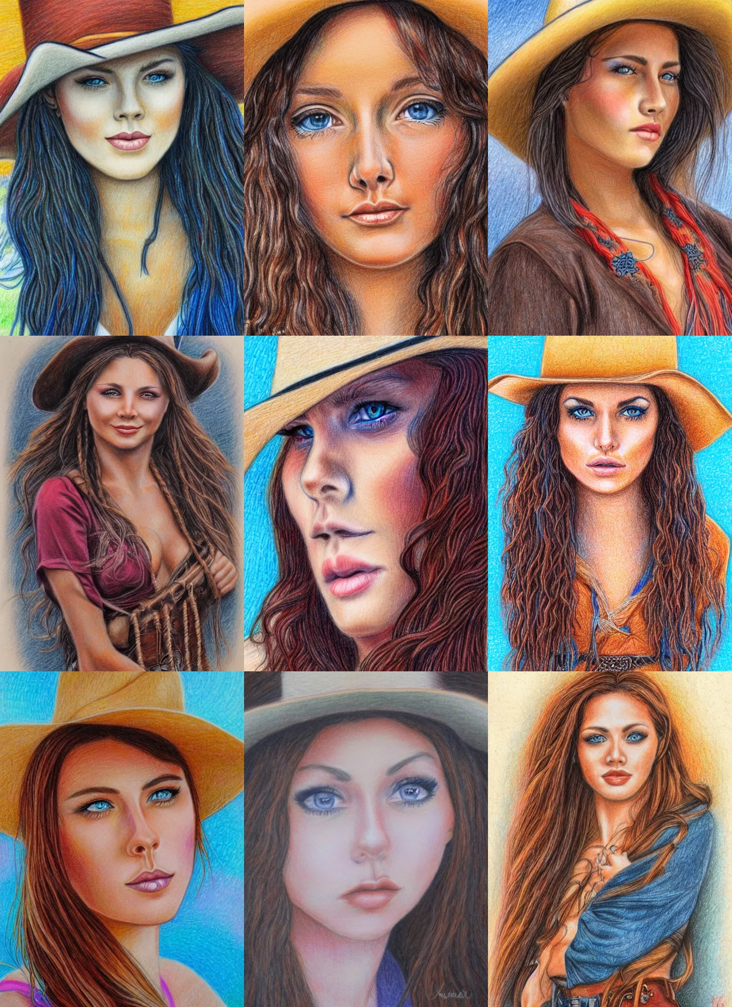 Prompt: detailed colored pencil drawing beautiful cowgirl with a beautiful face