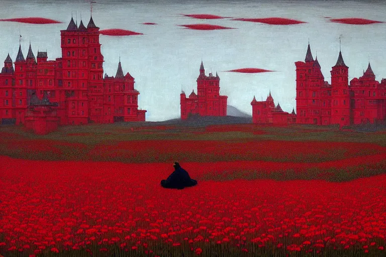 Image similar to only with red, red flowers of different types, red castle in background, red medieval big fat goblins, in the style of beksinski, parts by edward hopper, parts by rodcenko, parts by yue minjun, intricate and epic composition, red by caravaggio, insanely quality, highly detailed, masterpiece, red light, artstation, 4 k