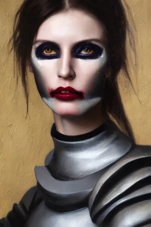 Image similar to hyperrealism oil painting, close - up portrait of european medieval brunette vampire fashion model, knight, steel gradient mixed with nebula sky, in style of baroque