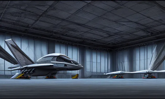 Image similar to matte painting, digital painting, high quality, unreal engine 5, a spaceship in hangar, symmetric