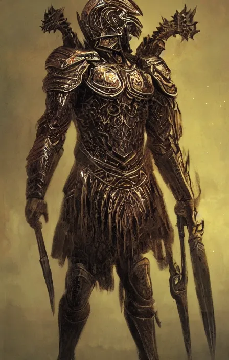 Image similar to thunder overlordconcept, wearing thunder armor, ancient greek ornamented armor, beksinski, weta workshop concept art