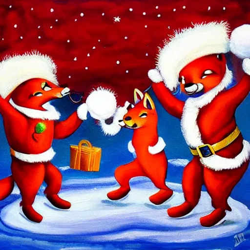 Prompt: fox animals who are wearing santa hats dancing on the moon, inspiring painting