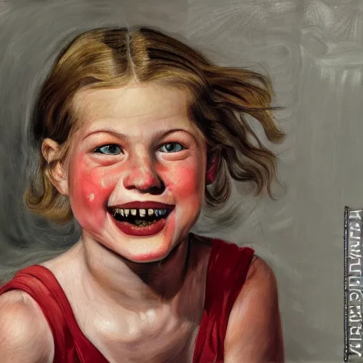 Prompt: high quality high detail painting by lucian freud, hd, beautiful young girl portrait, demonic smile, alizarin crimson and white, photorealistic lighting