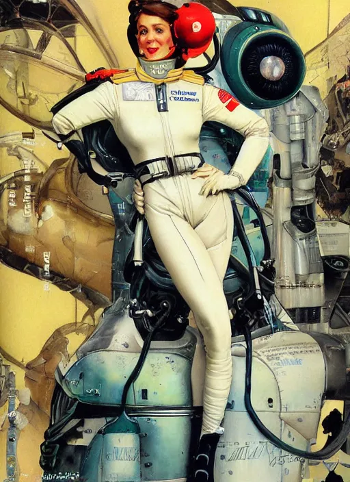 Prompt: a copic maker art nouveau portrait of gretchen ross on a futuristic latex puffy pilot suit by john berkey norman rockwell