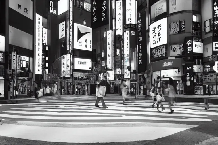 Prompt: still photo of a japanese street crossing, tokyo, black and white color aesthetic, highly detailed, photorealistic portrait, bright studio setting, studio lighting, crisp quality and light reflections, unreal engine 5 quality render