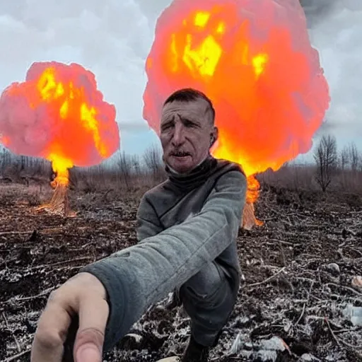 Image similar to last selfie of last alive ukrainian very damaged body to bones running from nuclear explosion, dead bodies on the ground, black snow, 2 0 2 2