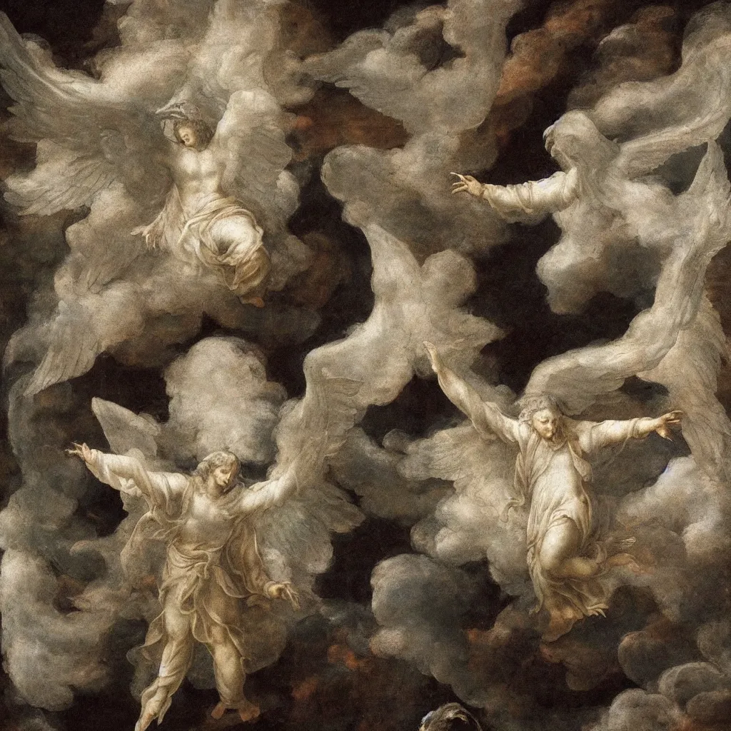 Prompt: powerful seraphim with white wings and white hair floating in a cloud of black smoke. detailed, ultra - realistic, 8 k. by michelangelo, da vinci.