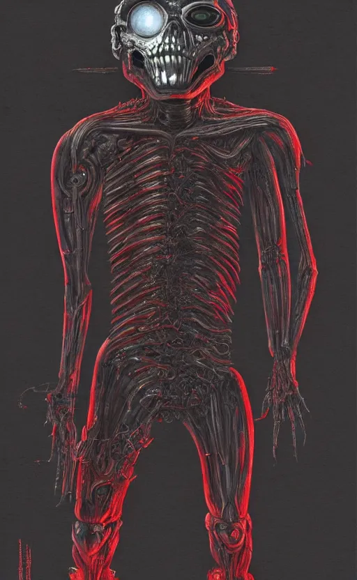 Image similar to full body portrait of chrome terminator, glowing red eyes, by wayne barlow, stanley donwood, anton semenov, zdzislaw bekinski, hr giger, 8 k, fantasy, dark, highly detailed