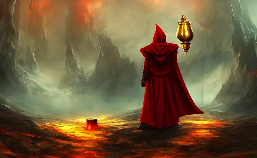 Image similar to red hooded mage, holding a golden bell, standing in front of an arcane gate to another realm, mindblowing, concept art, matte, illustration, ominous, magical, dnd, 4 k uhd, very detailed