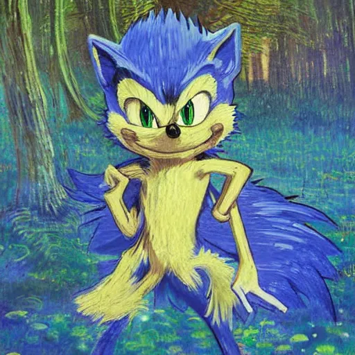 Image similar to sad painting of detailed realistic sonic the hedgehog in the woods at night, in the style of studio ghibli and moebius and claude monet and edward hopper and vincent van gogh