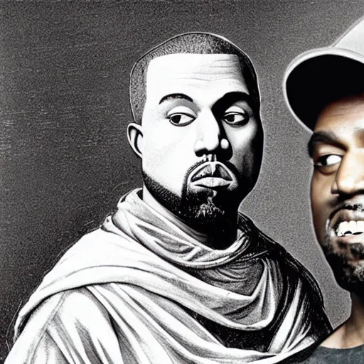 Image similar to kanye west and leonardo da vinci selfie, black and white, 1500s