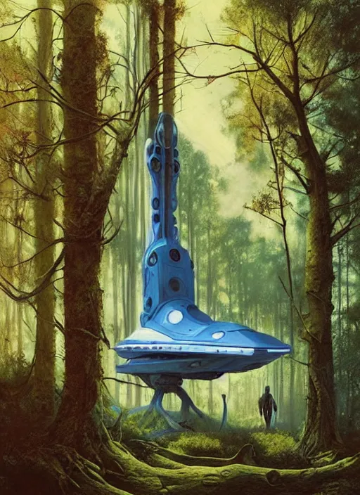 Prompt: hyper realistic spaceship in the woods by a river gorgeous lighting, lush forest foliage blue sky a hyper realistic painting by chiara bautista and beksinski and norman rockwell and greg rutkowski, weta studio, and lucasfilm