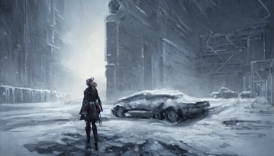 Image similar to a beautiful painting in the style of cedric peyravernay of a snowy landscape overlooked by a female spy in tactical gear, overseeing a large brutalist facility in the distance, award winning art