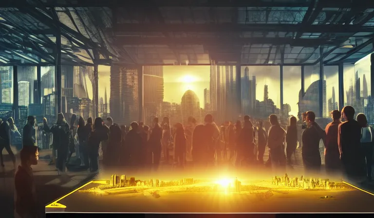 Prompt: group of people in simple warehouse, looking at hologram of futuristic city on a table, cinematic concept art, godrays, golden hour, natural sunlight, 4 k, clear details, tabletop model buildings, center model buildings, hologram center, crane shot, crane shot, crane shot