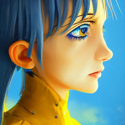 Image similar to a portrait of anime ukrainian blue and yellow girl, concept art, trending on artstation, highly detailed, intricate, sharp focus, digital art, 8 k