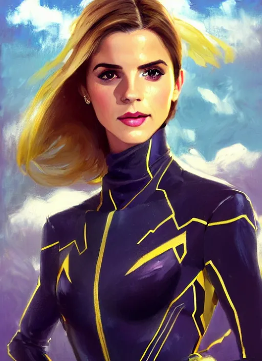 Image similar to portrait of a combination of Ashley Greene, Victoria Justice and Adriana Dxim, Grace Kelly, Emma Watson and Lily Collins with blonde hair wearing Varia Suit from Metroid, countryside, calm, fantasy character portrait, dynamic pose, above view, sunny day, thunder clouds in the sky, artwork by Jeremy Lipkin and Giuseppe Dangelico Pino and Michael Garmash and Rob Rey and Greg Manchess and Huang Guangjian, very coherent asymmetrical artwork, sharp edges, perfect face, simple form, 100mm