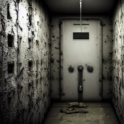 Prompt: scary concrete prison cell, 4K, dark, horror, wet, moldy, futuristic,