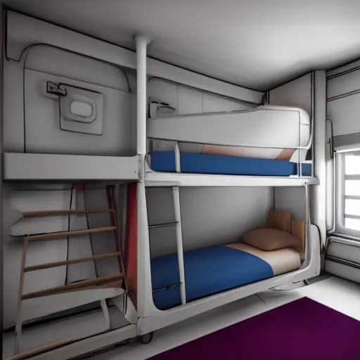 Prompt: bedRoom of a spacecraft, with a bunk bed, photo realistic, playing, CGI, Unreal Engine, Hdri