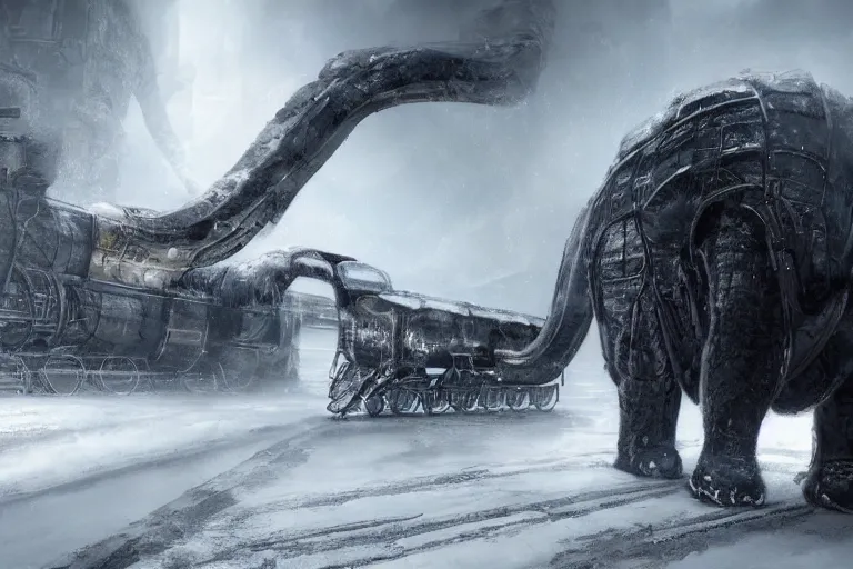 Image similar to a grand intricate futuristic black steam train next to a giant mammoth, post - apocalyptic ice landscape in snowstorm, concept art, artstation, highly detailed, digital art