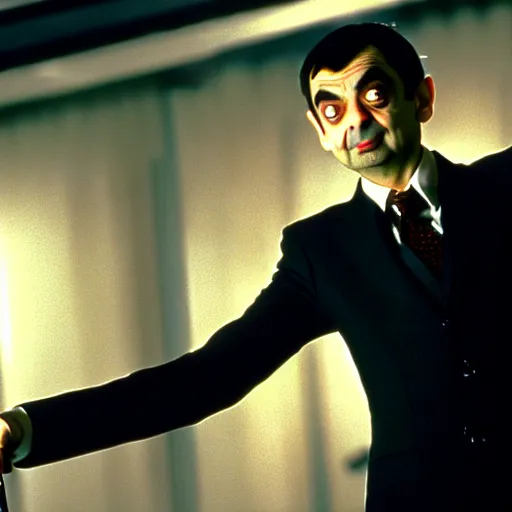 Prompt: mr. bean in vampires kiss. movie still. cinematic lighting.