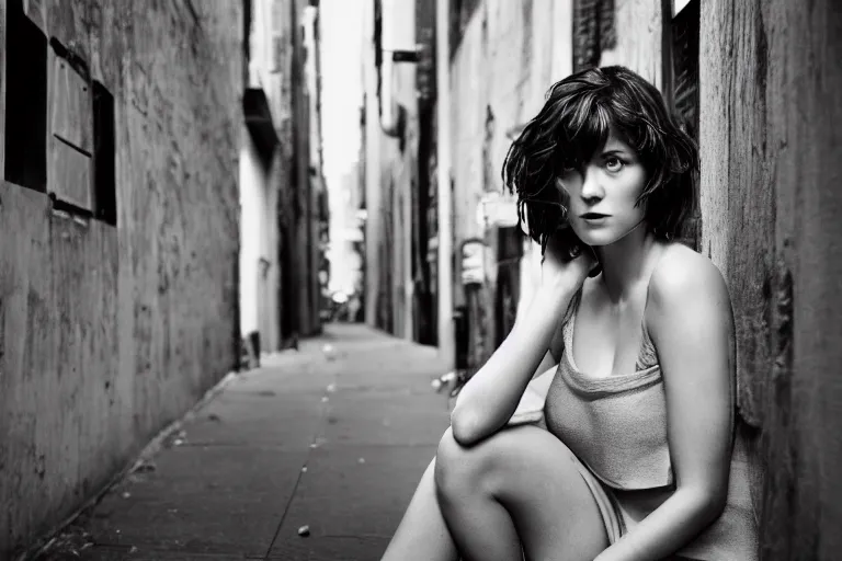 Prompt: closeup potrait of Mary Elizabeth Winstead in a smoky new york back street, photograph, natural light, sharp, detailed face, magazine, press, photo, Steve McCurry, David Lazar, Canon, Nikon, focus