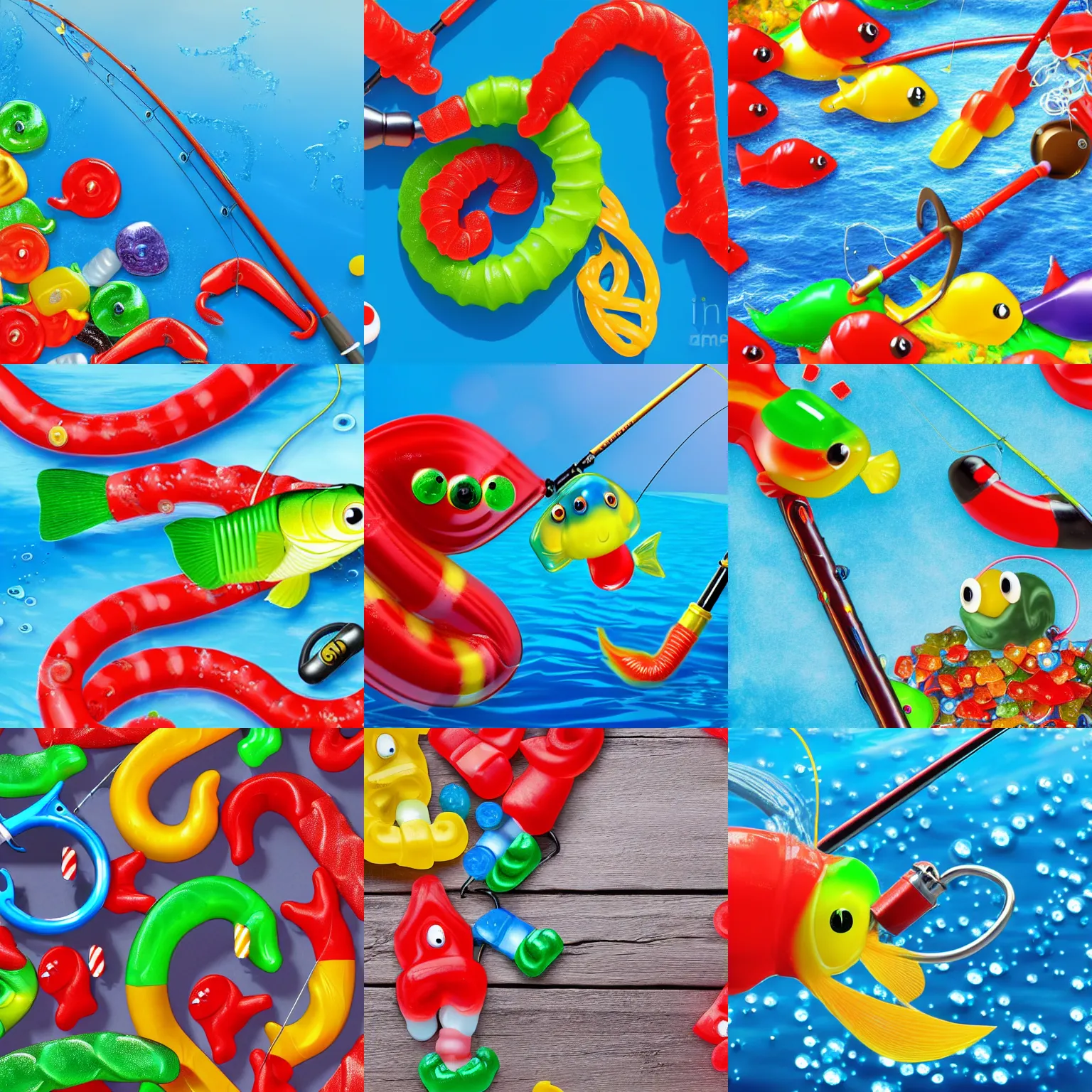 Prompt: a fishing rod and reel has a hook with ( candy gummi worm ) attached as bait. in the water are ( swedish fish candy ) digital art, hyperdetailed, 8 k, hd, pixar style