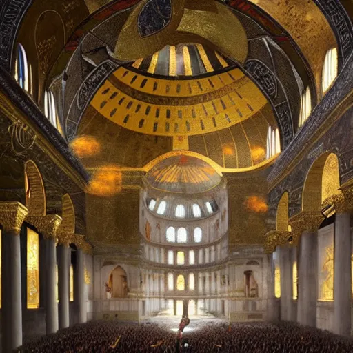 Image similar to divine liturgy in the hagia sophia epic concept art, epic painting, artstation, realistic, by greg rutkowski
