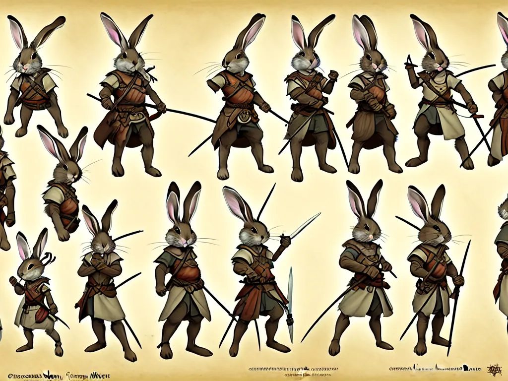 Image similar to character design sheet for a group of heroic rabbit archers on a parchment background, redwall, greg rutowski and jean baptiste monge, very very detailed, epic fantasy concept art