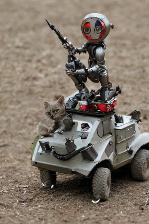 Prompt: tiny humanoid robots riding cats into war.