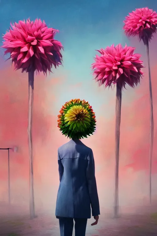 Image similar to closeup giant dahlia flower head, girl in a suit, standing in street, surreal photography, sunrise, dramatic light, impressionist painting, digital painting, artstation, simon stalenhag