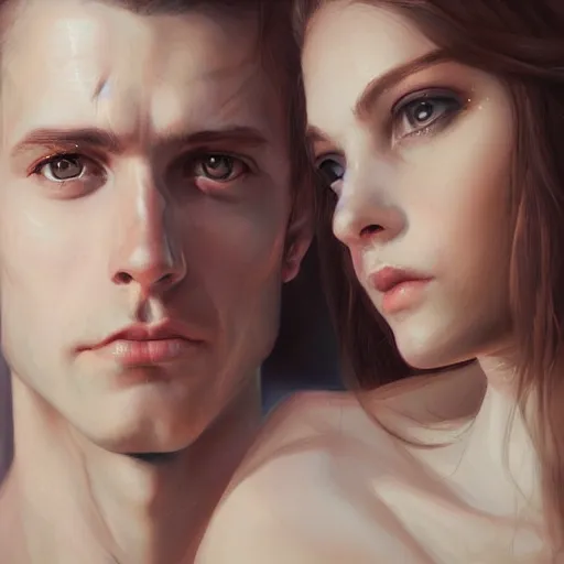 Image similar to perfectly centered symmetrical split male and female portrait of man and woman in love sharing one heart ; oil painting by charlie bowater and wlop, photorealistic, highly detailed ; trending on artstation