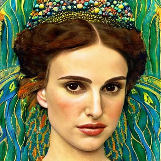 Image similar to a closeup portrait of a young natalie portman, art nouveau, jugendstil, decorative background, spirals, painted by klimt