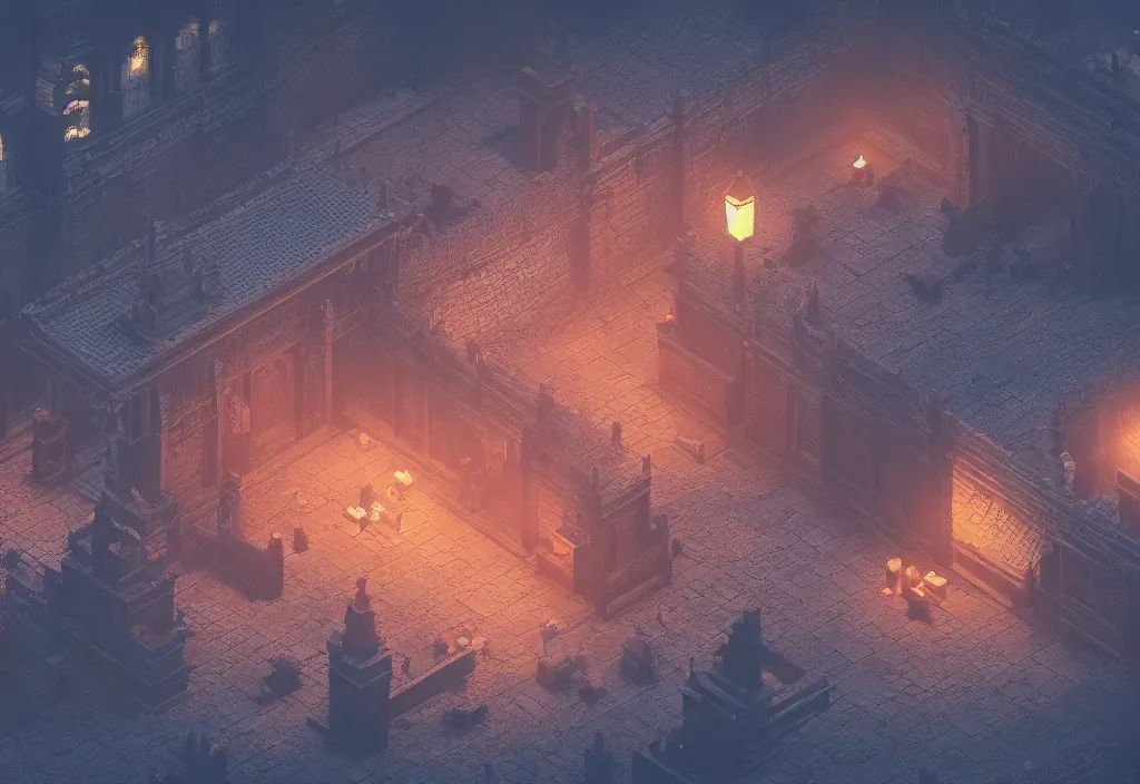 Image similar to isometric magicavoxel Bloodborne japanese cinematic lighting, 4k