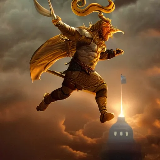 Image similar to a viking flies aboard a dragon over the white house, in his hands he holds the severed head of donald trump