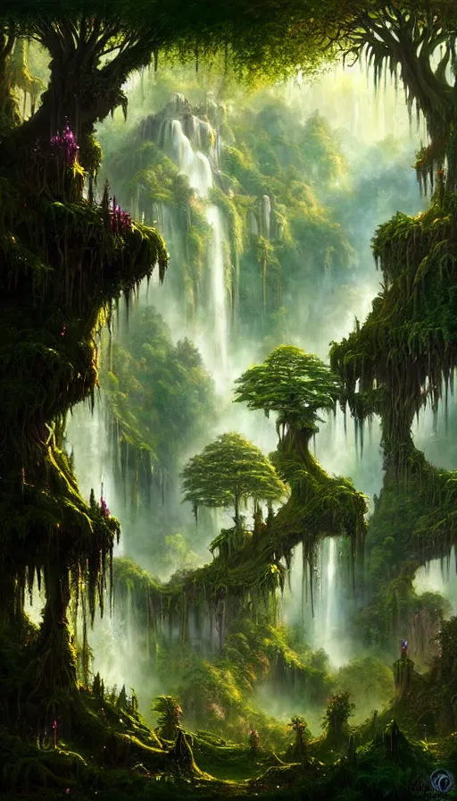 Prompt: fairy palace, castle towers, waterfall of gold and gems, gnarly trees, lush vegetation, forest landscape, painted by tom bagshaw, raphael lacoste, eddie mendoza, alex ross concept art matte painting