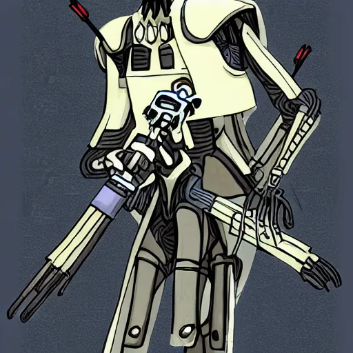 Image similar to General Grievous!!!, on cruches, with 4 lightsabers in his hands,