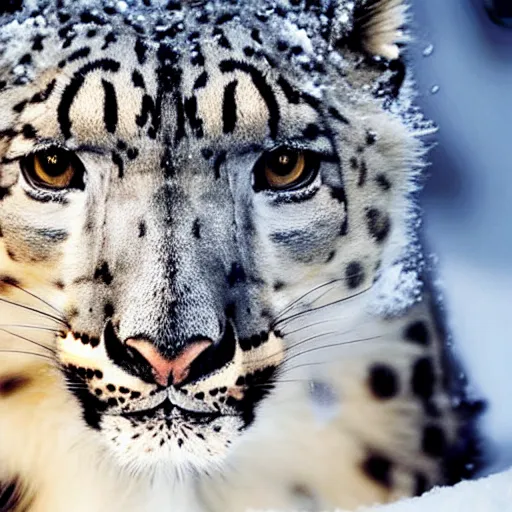 Prompt: beautiful portrait of snow leopard face, surrounded by snow, breathtaking detail, wildlife photography, crisp lighting