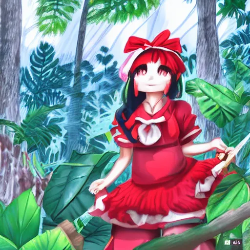 Image similar to an digital illustration of reimu in the jungle wearing bonnet