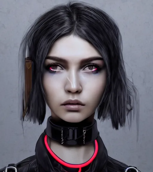 Prompt: detailed realistic female character cyberpunk wearing thick steel collar around neck, realistic, art, beautiful, 4K, collar, choker, collar around neck, punk, artstation, detailed, female, woman, choker, cyberpunk, neon, punk, collar, choker, collar around neck, thick collar, tight around neck, punk, ((symmetrical eyes)),