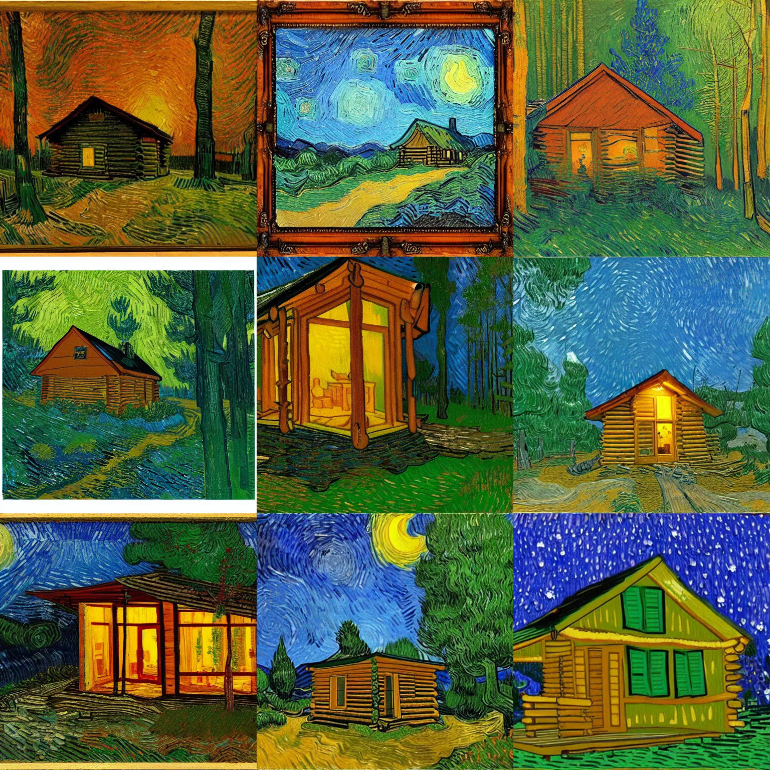 Prompt: [ a log cabin in the forest ] [ van gogh ] [ lighting ]