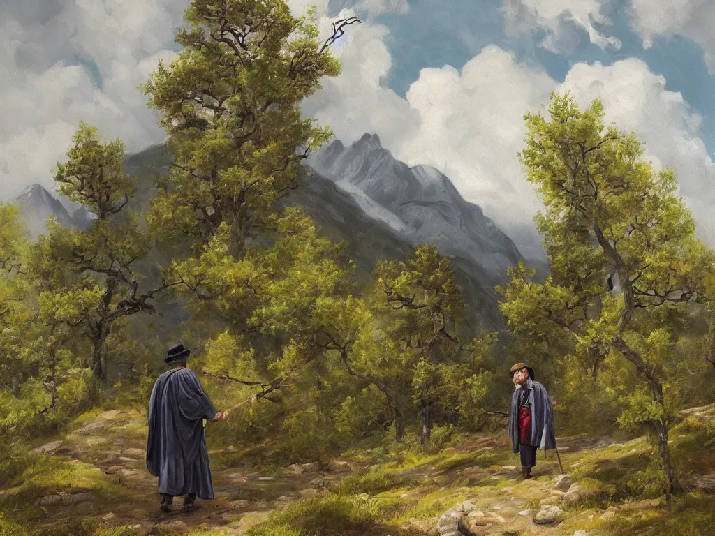 Image similar to a man in a grey cloak and brimmed hat with a staff travelling trough the mountains with trees, very detailed, colorful, oil painting, clouds, old man, alone, ravens