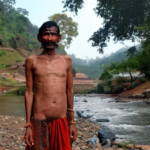 Prompt: a shirtless brahmin man from nepal, standing next to a river with his goat, one hand on his belly