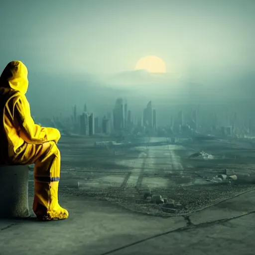 Image similar to a beautiful award-winning photo of the last man on Earth wearing a hazmat suit, sitting and depressed, serene post-nuclear background, a huge nuclear cloud, a mirage of a skyline of a destroyed city, numerous fires, volumetric lighting, haze, very high quality, extremely detailed, subtle visual noise, 8K