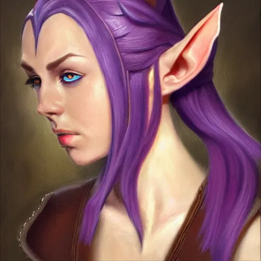 Image similar to oil painting a female medieval fantasy tolkien elf, dark purplish hair tucked behind ears, wearing leather with a fur lined collar, wide face, muscular build, scar across the nose, cinematic, character art, l, detailed.