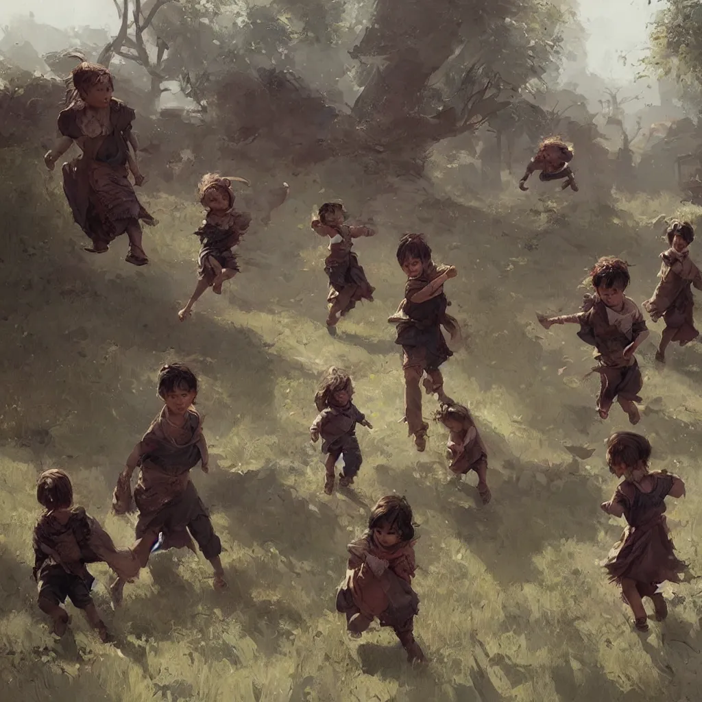 Prompt: 3 village children, active, plaing around وby greg rutkowski